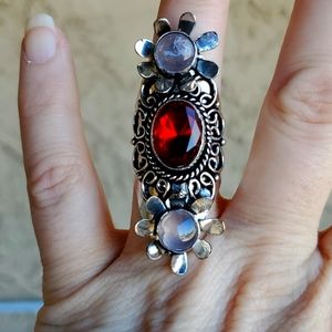 New Mozambique Garnet & Rose Quartz 925 Silver Flowers Statement Ring.